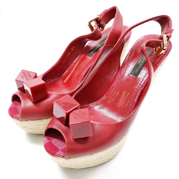 Louis Vuitton Shoes - 🔥LOUIS VUITTON Red Leather, Espadrille & Logo "Dice" Wedge Heels 🔥